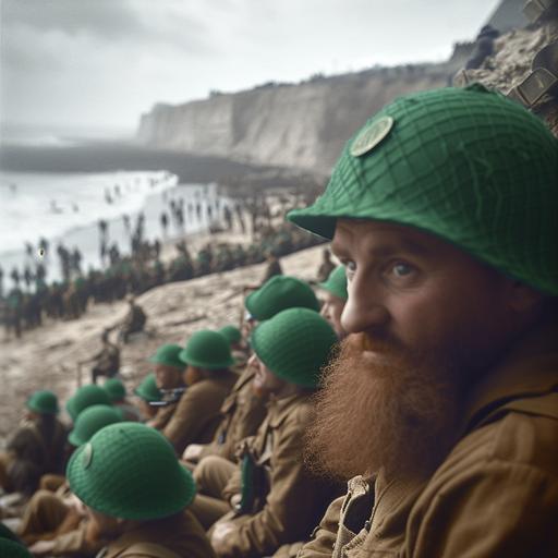 overweight elderly irish Leprechauns in traditional bright green clothing stoming the beaches of normandy on D-Day, war photography, colorized --sref  --s 750 --v 6.0