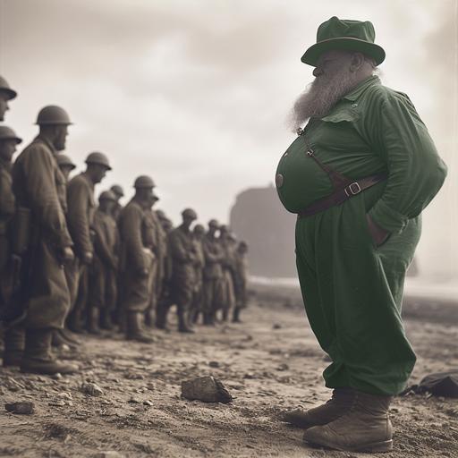 overweight elderly irish Leprechauns in traditional bright green clothing stoming the beaches of normandy on D-Day, war photography, colorized --sref  --s 750 --v 6.0