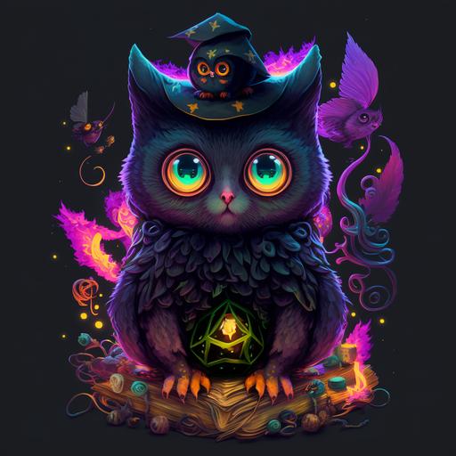 owl, black cat, cute witch, cartoon character, vibrant --q 2