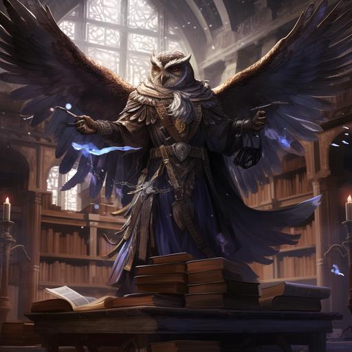 owlin archmage, humanoid figure, magical, fantasy, d&d, detailed, flying in a magical library, studious, arcane circles, wise