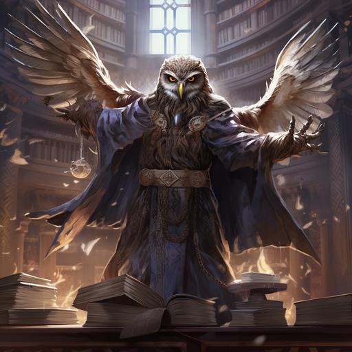 owlin archmage, humanoid figure, magical, fantasy, d&d, detailed, flying in a magical library, studious, arcane circles, wise