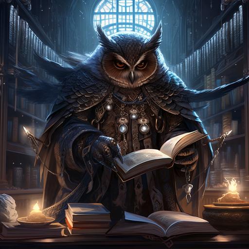 owlin archmage, magical, fantasy, d&d, detailed, flying in a magical library, studious, arcane circles