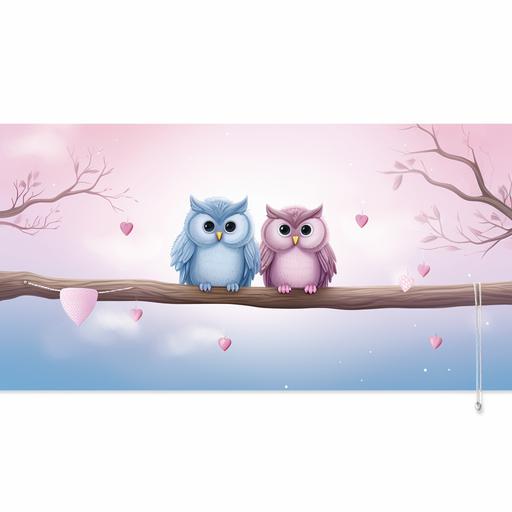 owls hanging banner from branch, in the style of light magenta and light blue, doug hyde, wallpaper, romantic and nostalgic themes, rollei prego 90, panorama, david nordahl--tile