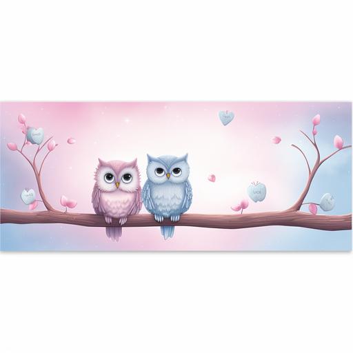 owls hanging banner from branch, in the style of light magenta and light blue, doug hyde, wallpaper, romantic and nostalgic themes, rollei prego 90, panorama, david nordahl--tile