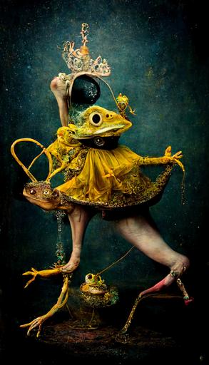 a regal dancing frog with fancy shoes and scuba equipment by miss aniela and jim woodring and santiago caruso and brooke shaden and rembrandt --aspect 9:16