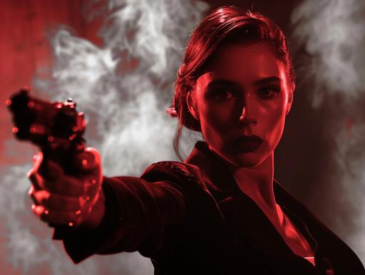 8K cinematic film noir still, beautiful femme fatale looks like Elizabeth Olsen pointing a gun, high contrast, edgy and dark shadows, in the style of ellen von unwerth, smoke, red neon, a scene from the movie the pilaf falcon --ar 4:3 --s 250 --style raw