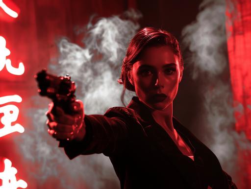 8K cinematic film noir still, beautiful femme fatale looks like Elizabeth Olsen pointing a gun, high contrast, edgy and dark shadows, in the style of ellen von unwerth, smoke, red neon chinese characters, a scene from the movie the pilaf falcon --s 250 --style raw --ar 4:3 --v 6.0