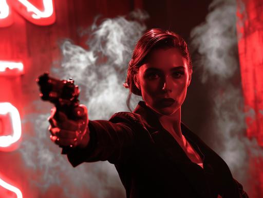 8K cinematic film noir still, beautiful femme fatale looks like Elizabeth Olsen pointing a gun, high contrast, edgy and dark shadows, in the style of ellen von unwerth, smoke, red neon, a scene from the movie the pilaf falcon --ar 4:3 --s 250 --style raw