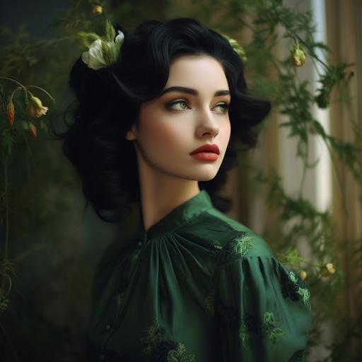 A beautiful black haired girl wearing a green retro dress, flower in her hairs, film photography style, photorealistic. 4k