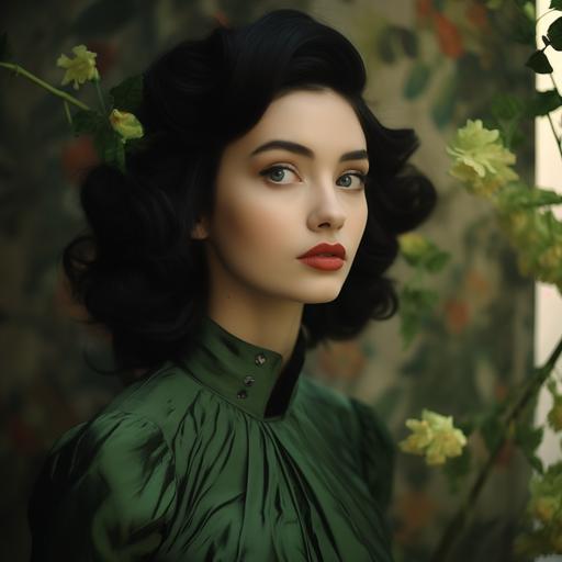 A beautiful black haired girl wearing a green retro dress, flower in her hairs, film photography style, photorealistic. 4k