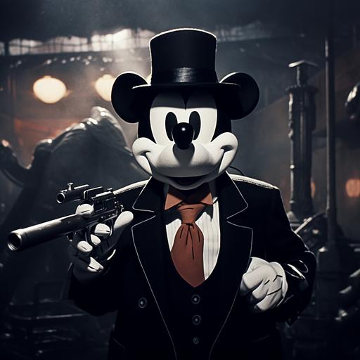 Mickey Mouse, badass 1940s private detective, hardboiled, noir lighting, gun in one hand, Mickey and his femme fatale --s 1000 --c 5
