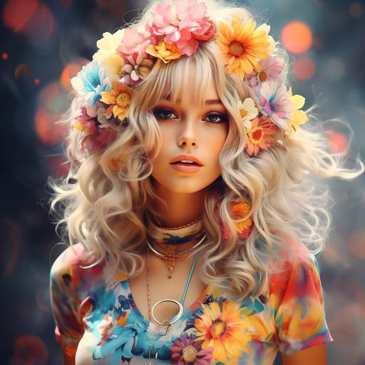 beautiful blonde Hippie Girl, flower power, tie-dyed t-shirt, psychedelic, hirsute, 1969, Woodstock, kaleidoscopic colors --s 1000 --c 5