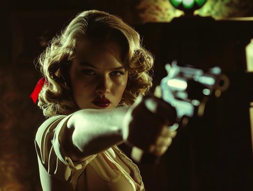 cinematic film still, 1940s gorgeous femme fatale pointing a Luger automatic pistol, beautiful marilyn monroe face, styled hair with red ribbon, in the style of gil elvgren and ellen von unwerth, chiaroscuro film noir lighting, rim light, Zeiss 21mm lens quality, red ribbon in hair, German Luger pistol, --ar 4:3 --s 150 --style raw