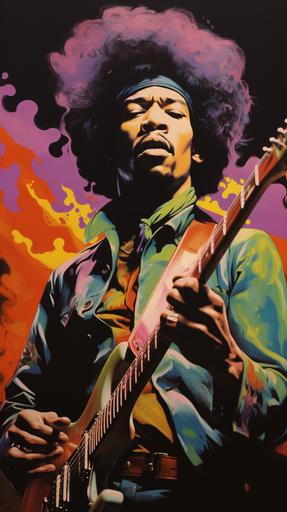 kaleidoscopic vector silkscreen art, Jimi Hendrix playing guitar left-handed, trippy groovy 1960s poster, kaleidoscopic, psychedelic, lysergic, magic mushrooms, all the colors, in the style of Stanley Mouse --ar 9:16 --s 1000 --c 8