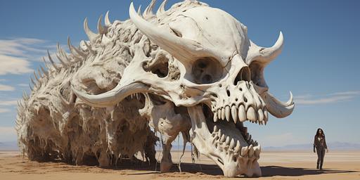 massive ancient dusty bleached-white dragon-skull, desertpunk --ar 2:1 --s 750