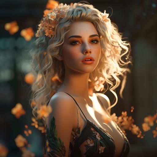 sharp focus:: hyper-realistic 64K photo of a real gorgeous woman shot with Sony A7S at 85mm lens and f/2.8 shallow depth of field, lifelike:: high res photo goddess jungle sunset rim light glossy hair:: 3d image full-body glowing acherontia tattoo:: intricately detailed photo style by Gil Elvgren --style raw