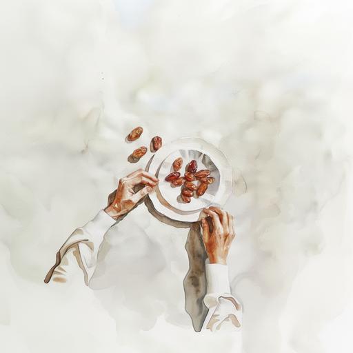 watercolour hands reaching for plate of dates and food ramadan table minimal