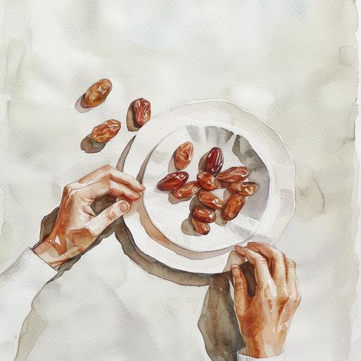 watercolour hands reaching for plate of dates and food ramadan table minimal