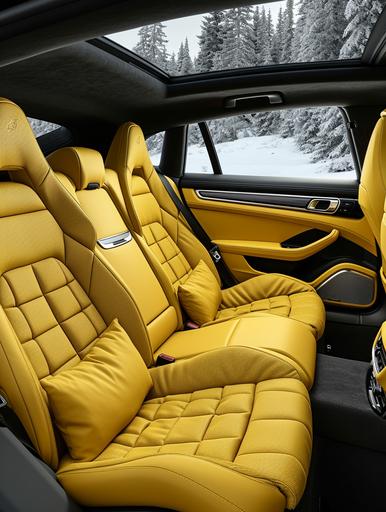 A Porsche Panamera rear seats with puffy padding in yellow and outer frame in black. Middle seat in black and 2 outer in yellow, Inspire by Moncler Jackets. Rendered in a black studio, Ultra realistic, 4k, --ar 3:4 --c 25 --s 250 --v 6.0