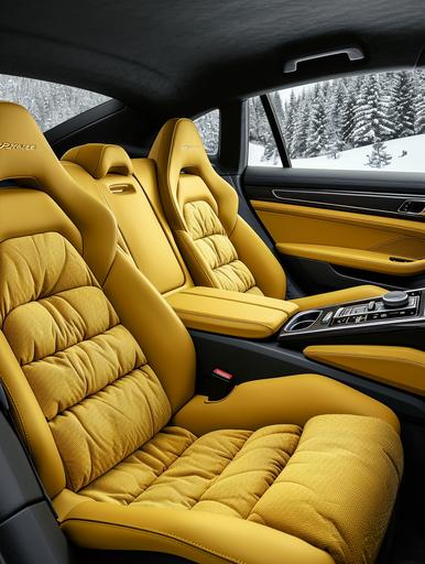 A Porsche Panamera rear seats with puffy padding in yellow and outer frame in black. Middle seat in black and 2 outer in yellow, Inspire by Moncler Jackets. Rendered in a black studio, Ultra realistic, 4k, --ar 3:4 --c 25 --s 250 --v 6.0