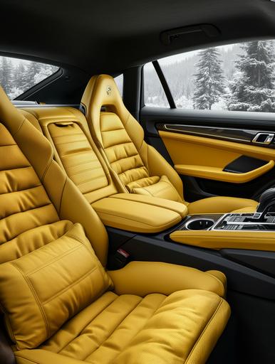 A Porsche Panamera rear seats with puffy padding in yellow and outer frame in black. Middle seat in black and 2 outer in yellow, Inspire by Moncler Jackets. Rendered in a black studio, Ultra realistic, 4k, --ar 3:4 --c 25 --s 250 --v 6.0