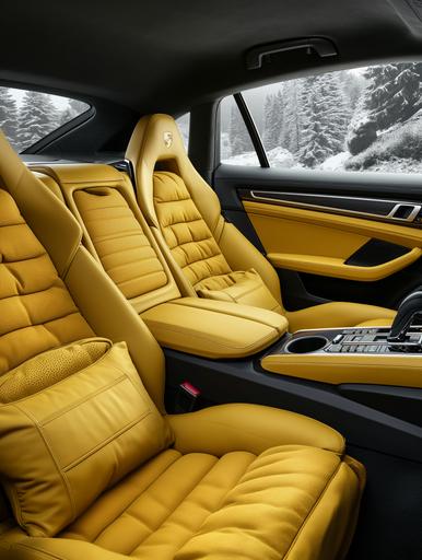 A Porsche Panamera rear seats with puffy padding in yellow and outer frame in black. Middle seat in black and 2 outer in yellow, Inspire by Moncler Jackets. Rendered in a black studio, Ultra realistic, 4k, --ar 3:4 --c 25 --s 250 --v 6.0