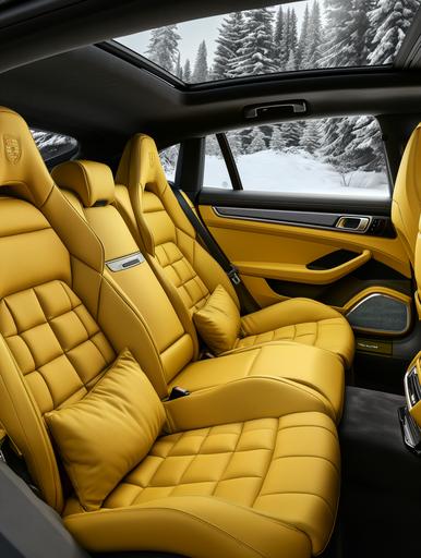 A Porsche Panamera rear seats with puffy padding in yellow and outer frame in black. Middle seat in black and 2 outer in yellow, Inspire by Moncler Jackets. Rendered in a black studio, Ultra realistic, 4k, --ar 3:4 --c 25 --s 250 --v 6.0