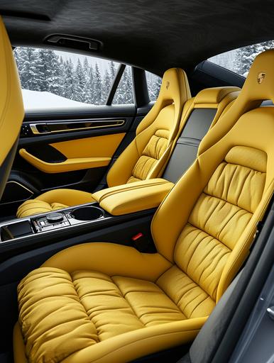 A Porsche Panamera rear seats with puffy padding in yellow and outer frame in black. Middle seat in black and 2 outer in yellow, Inspire by Moncler Jackets. Rendered in a black studio, Ultra realistic, 4k, --ar 3:4 --c 25 --s 250 --v 6.0