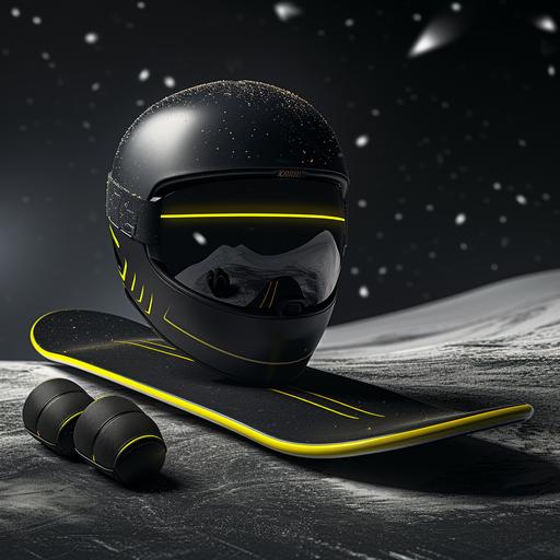 A set ok Scandinavian skies, profesional looking, all in black with a thin stripe of yellow, black sky, boots, black sky helmet with a yellow stipe in the center, sporty looking helmet, all products rendered in a photo studio, ultra realistic,A black skateboard with a thin band of yellow, rendered in a photo studio, good mood and atmosphere, ultra realistic, 8K, s 750 --v 6.0