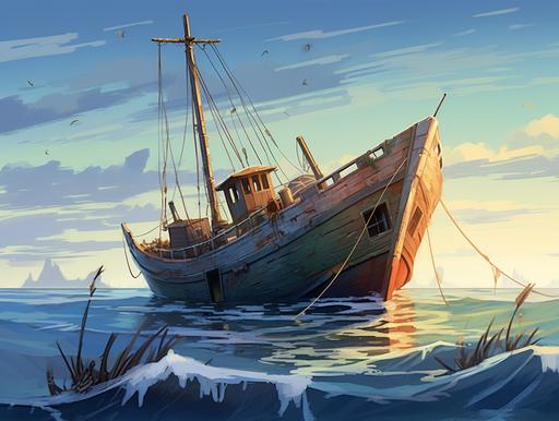 pacific ocean, wreck, sailboat, water bottom, cartoon, illustration, digital art, front view --ar 4:3