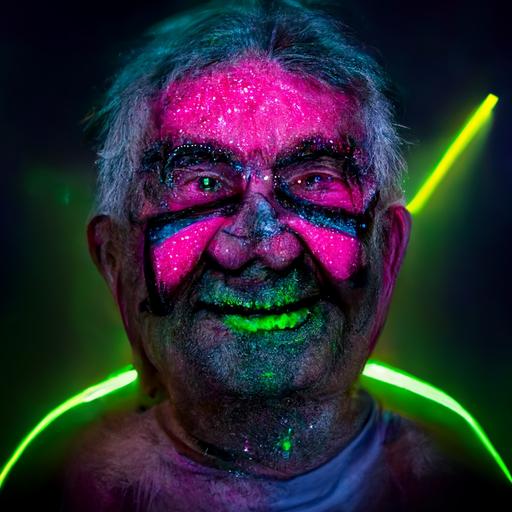 a portrait photo of a ecstatic grandpa painted in fluorescent warpaint in fluffy neon raver outfit with an amazing laser light show in the background