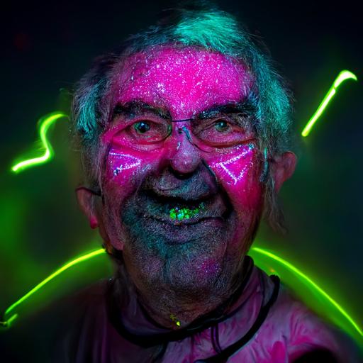 a portrait photo of a ecstatic grandpa painted in fluorescent warpaint in fluffy neon raver outfit with an amazing laser light show in the background