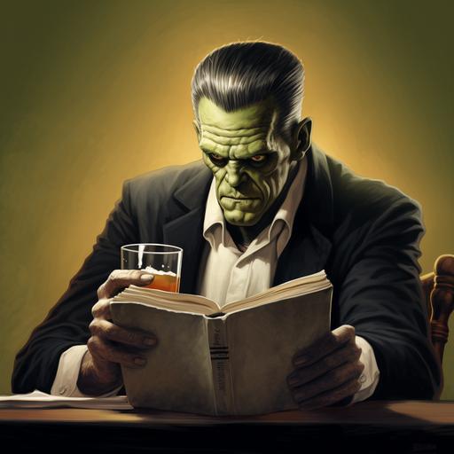 page book shadowy cartoon halloween image of boris karloff frankenstein with neck bolts and drinking beer