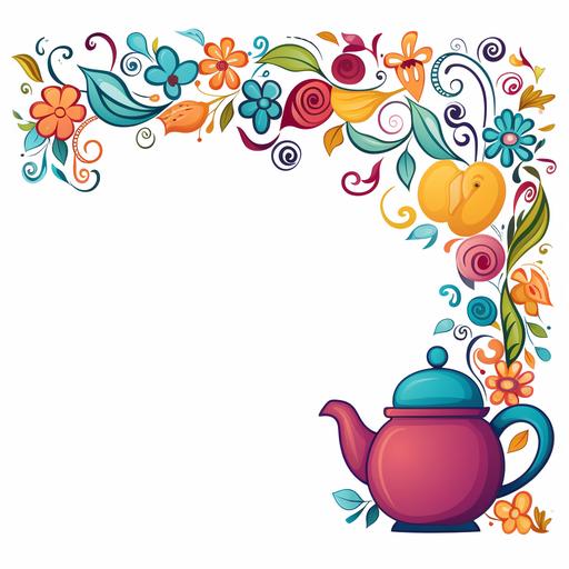 page border, Happy Colorful teapot, kawaii, contour, vector, white background dancing - ar 4.25:5.5