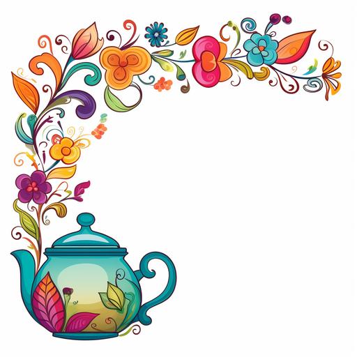 page border, Happy Colorful teapot, kawaii, contour, vector, white background dancing - ar 4.25:5.5