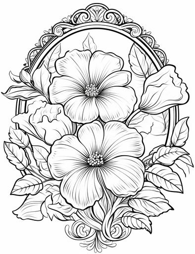 page for adults, Bloom flowers, Mirror, cartoon style, vivid colors, clean line art, fine line art, --ar 85:110