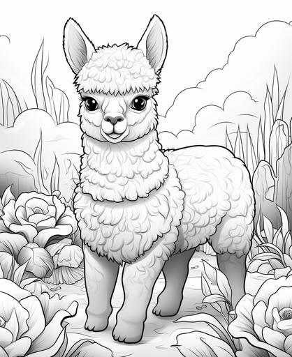 coloring page for kids, alpaca, cartoon style, thick line, low detailm no shading --ar 9:11