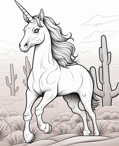 coloring page for kids, young desert mirage unicorn, cartoon style, thick line, low detail, no shading --ar 9:11