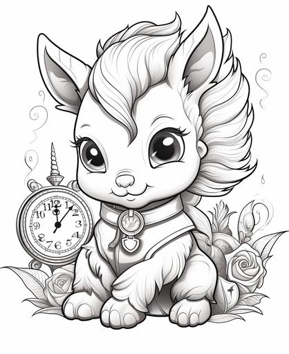 coloring page for kids, young time-traveling unicorn , cartoon style, thick line, low detail, no shading --ar 9:11