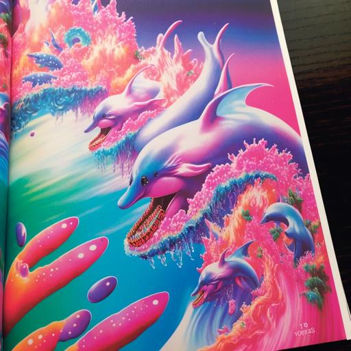 page of a extreme nail acrylic art catalog inspired in pink dolphins at 1990s