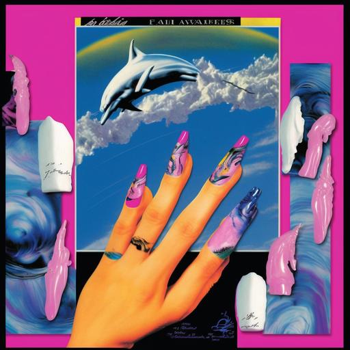 page of a extreme nail acrylic art catalog inspired in pink dolphins at 1990s