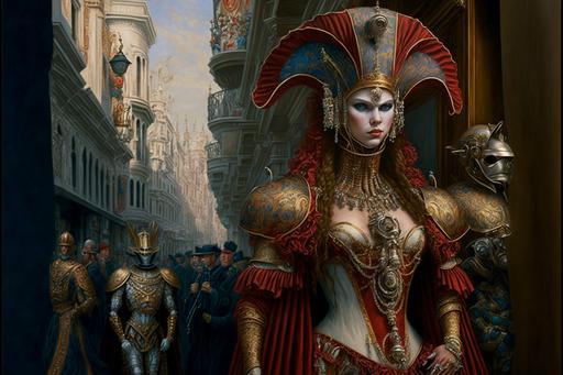 pageantry of the avarices vampires and Clawns, and robots in the streets of venice, painting by Roberto Ferri and Michael Cheval, painting by Jan Van Eyck intricate, realism, maximalist detail, unreal engine, procreate, extreme high render, maximalist detail, wide body shot, oil painting baroque, steampunk, Biomorphic, Biomechanical, Frasurbane, intricate and Greeble background, baroque inspired in Zdzislaw Beksinski --ar 3:2 --v 4