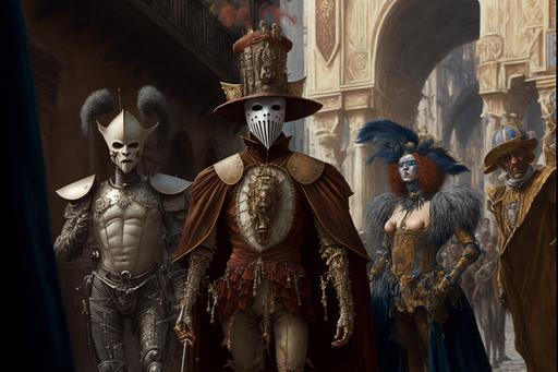 pageantry of the avarices vampires and Clawns, and robots in the streets of venice, painting by Roberto Ferri and Michael Cheval, painting by Jan Van Eyck intricate, realism, maximalist detail, unreal engine, procreate, extreme high render, maximalist detail, wide body shot, oil painting baroque, steampunk, Biomorphic, Biomechanical, Frasurbane, intricate and Greeble background, baroque inspired in Zdzislaw Beksinski --ar 3:2 --v 4