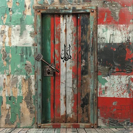 paint an old door with big sign of Palestine flag and old old key in the floor with Palestine flag colors