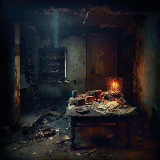 paint, large 19th century basement, recently burned, night from a little window basement, two very small red metal boxes on the floor, large middle-age broken table, ashes in air, ashes in floor, oppressive, flying ashes, dark, dull colors, dark atmosphere