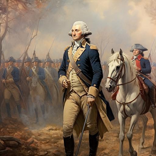 paint picture of George Washington leading an army in the distance, have Washington and the army behind him in Blue coats