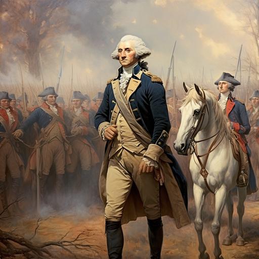 paint picture of George Washington leading an army in the distance, have Washington and the army behind him in Blue coats