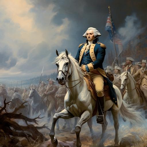 paint picture of George Washington leading an army in the distance, have Washington and the army behind him in Blue coats