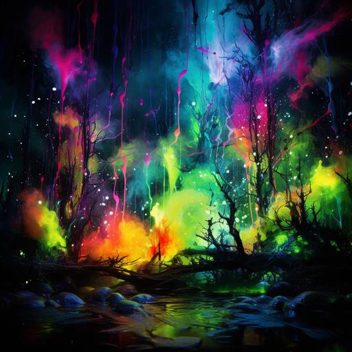paint splashing around in neon forest at night like forest , underwater , long shot , view from above but not really algy at night shimmering green and vilot colors at night --q 2