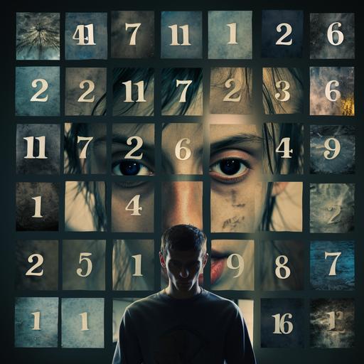 A mosaic of images showing a reprentation of a persons view when having an triskaidekaphobia / PTSD event, multiple images along the edges of traumatic images containing the number 13, central image of the current moment with set of 13 items or the number 13